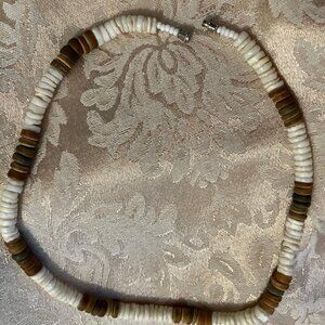Unisex Puka Shell Lucky Necklace, 16” Brown & White Beach Jewelry Surf Style 16"